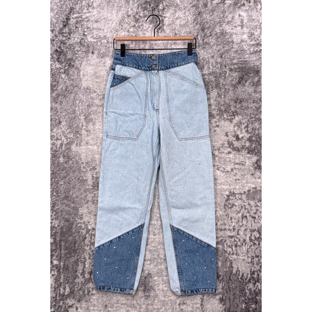 BA&SH Lady Jeans 0 Womens Slim Crop Leg High Rise Rhinestone Two Tone Denim